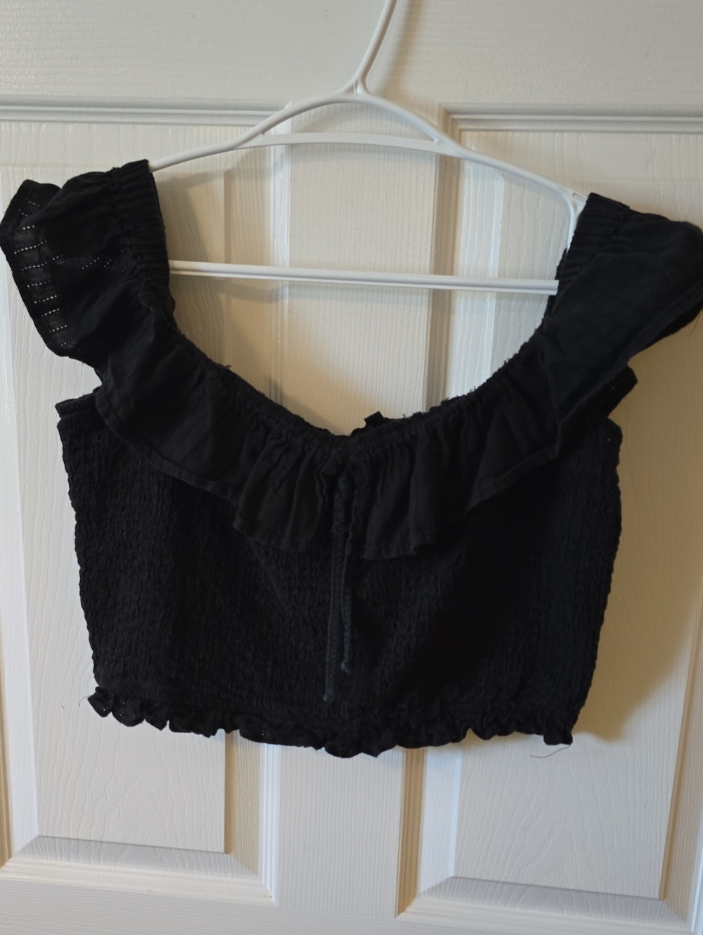 Poof! Black Ruffled Off-Shoulder Crop